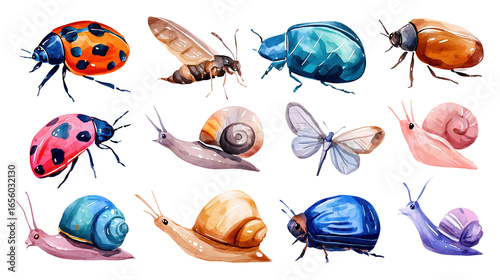 Watercolor insects and snails art transparent image set. Ladybugs, beetles, butterfly. Invertebrate bugs entomology isolated cutouts. Biology fauna cut outs cliparts design elements png