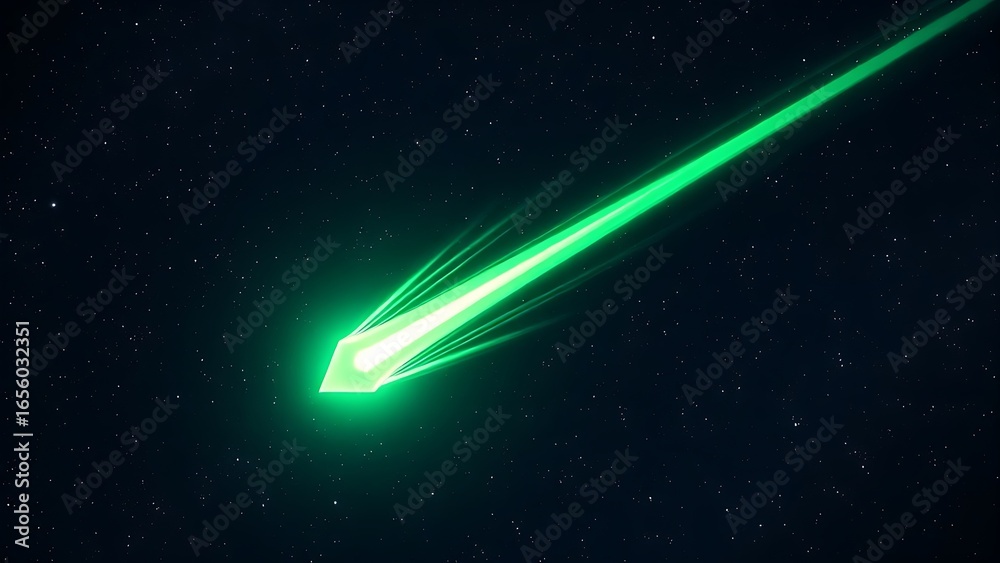 Obraz premium A glowing green molecular jet erupting from a diamond comet through a star-filled scientific illustration.