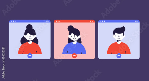 Three people are having a video call displayed in separate windows with a purple background.