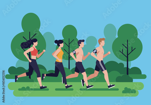 A group of four young, athletic people jogging together outdoors in a lush green park.