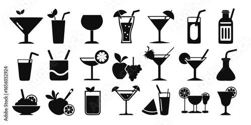 Festive Beverage Silhouettes A Refreshing Collection of Cocktails, Drinks, and Fruity Creations in Black and White