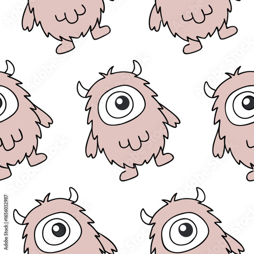 Seamless pattern of cute pink cartoon monsters with one eye and horns vector