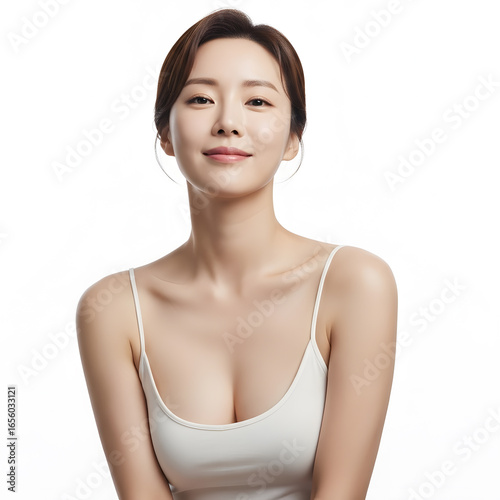 Beautiful Asian woman with perfect body shape after breast augmentation. Korean plastic surgery, aesthetic medicine, and body contouring concept.