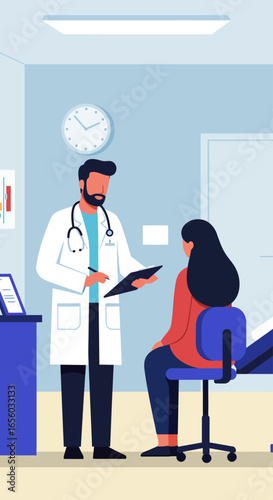 A male doctor in a white coat and stethoscope is consulting with a female patient sitting in a doctor's office.