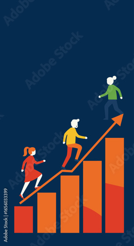 Three colorful figures ascend an upward arrow over a rising bar chart, symbolizing progress and collective achievement.