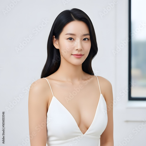 Beautiful Asian woman with perfect body shape after breast augmentation. Korean plastic surgery, aesthetic medicine, and body contouring concept.