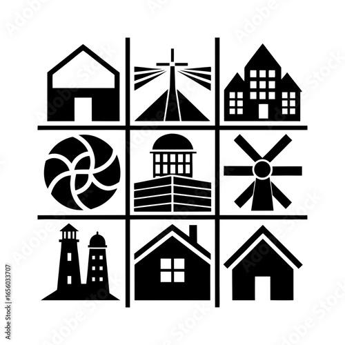 Black and white tic tac toe grid featuring various building and structure icons in a simple graphic style
