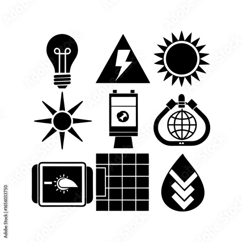 Collection of renewable energy icons including solar panels, light bulb and water drop symbol set up nicely
