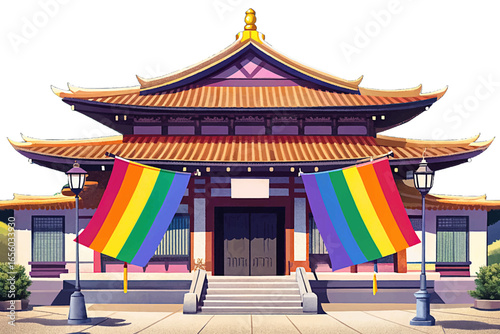 A traditional Japanese temple in Kamakura, Kanagawa, beautifully decorated with vibrant rainbow banners under a clear sky, blending history, culture, spirituality, and serene harmony.