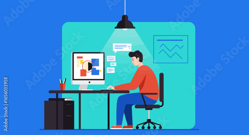 A focused man in a modern flat illustration works diligently at his computer desk, analyzing data and graphics.