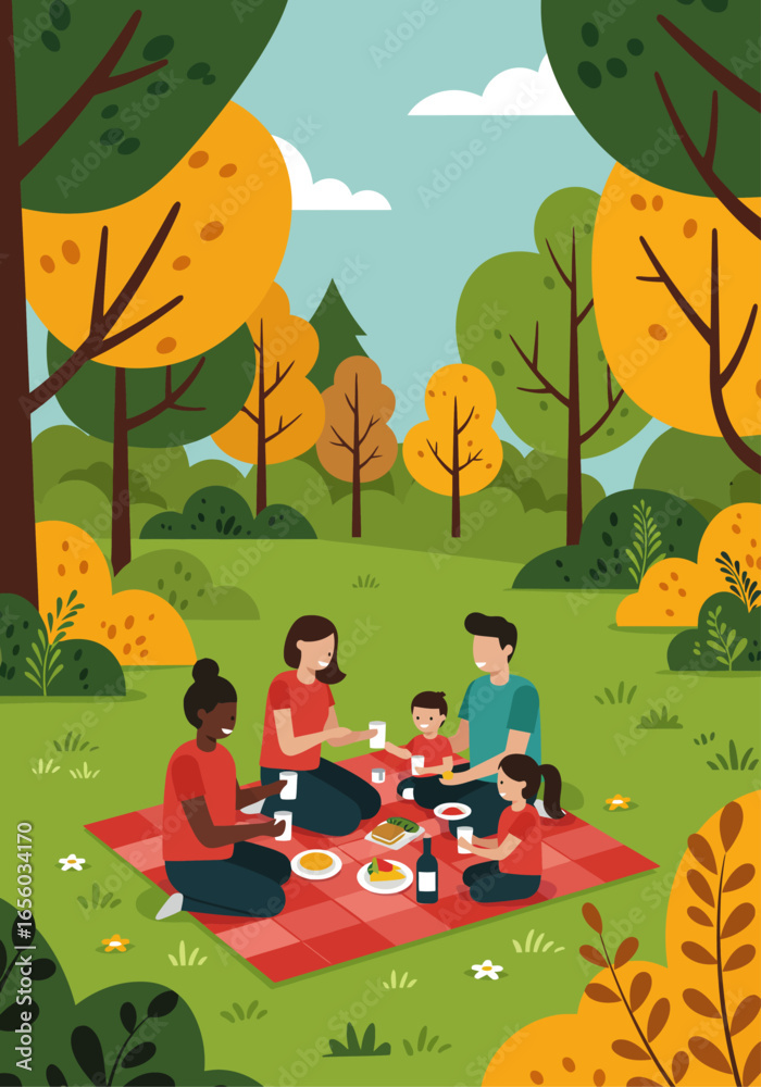 Fototapeta premium A family enjoys a picnic together on a red checkered blanket in a park surrounded by trees and bushes.