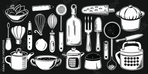 A Collection of Kitchen Utensils and Cookware in Black and White Line Art Style