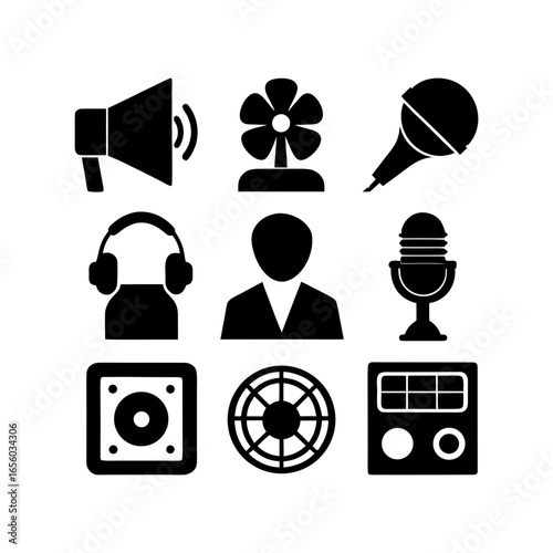 Collection of various audio and communication devices in simple black and white vector icons set up nicely