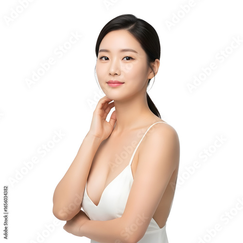 Beautiful Asian woman with perfect body shape after breast augmentation. Korean plastic surgery, aesthetic medicine, and body contouring concept.