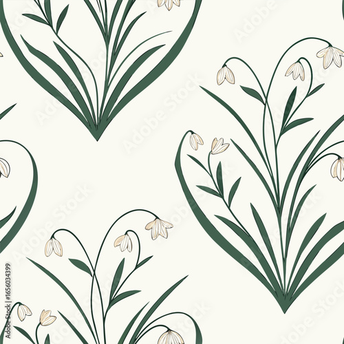 Seamless pattern of delicate white snowdrop flowers and green leaves floral