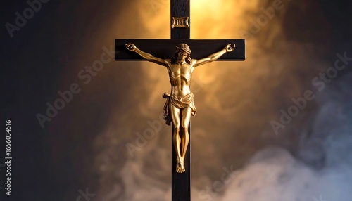 Religious cross with Jesus figure, dramatic lighting