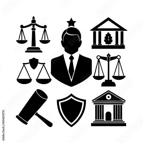 Illustration of law and justice symbols including scales, gavel, shield, and a building with columns
