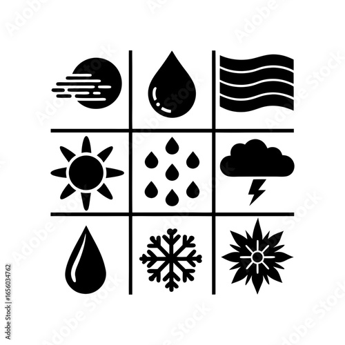 Weather condition icons showing sun, rain, wind, cloud, snow, and other atmospheric elements in a grid