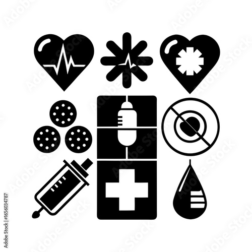 Medical icons set featuring heartbeats, pills, syringe, drop of blood and other health symbols in black