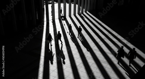 Strong shadow of a building line on the ground with person