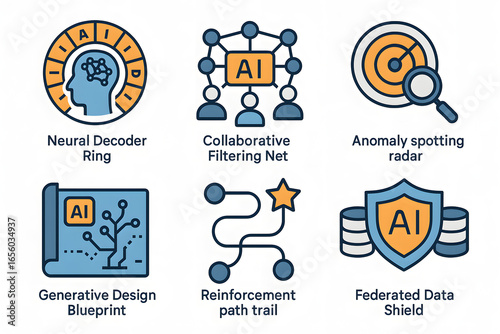 AI Icons: A graphic arrangement of six icons that represent various aspects of artificial intelligence in a creative and imaginative design, capturing the core essence of technology.