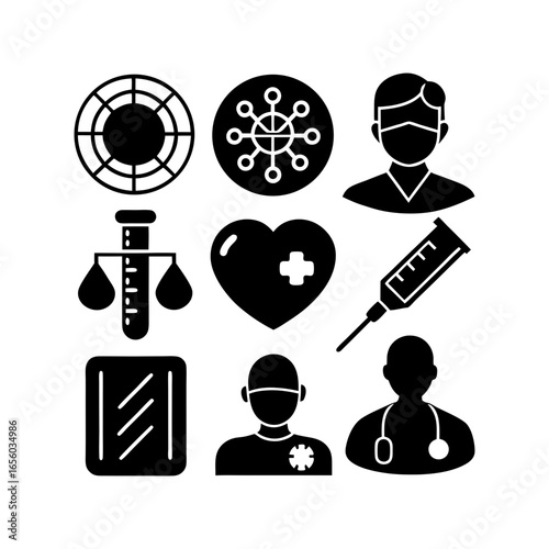 Collection of medical icons including doctors, heart, virus, syringe, test tube and other health elements