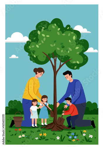 A family happily plants a young tree together in a grassy field, symbolizing environmental care and community growth.