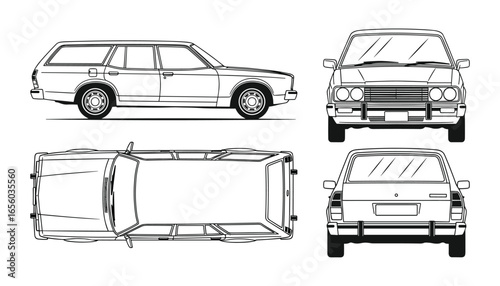 Classic Station Wagon Blueprint Drawing: Technical Illustration in Orthographic Projection