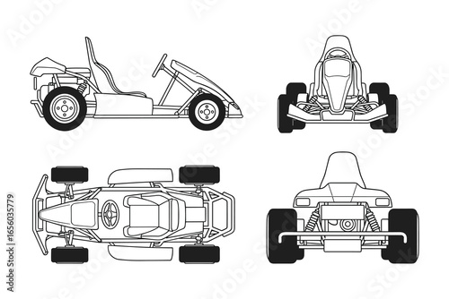 Detailed Go Kart Line Drawing: Four Views of Racing Kart Chassis, Underside, and Front