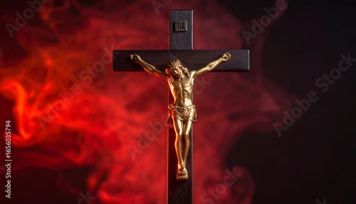 Religious crucifix against a dramatic red smoke background
