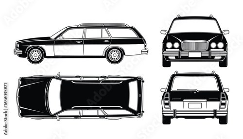 Classic Station Wagon Illustration: Side, Front, Top, and Back Views Detailed Design