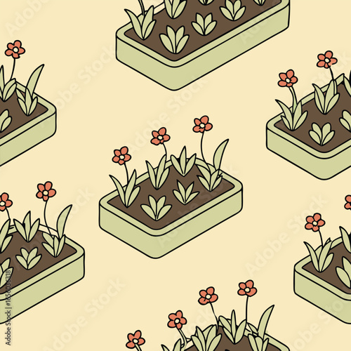Seamless pattern of isometric flower beds with red flowers and green plants garden planting