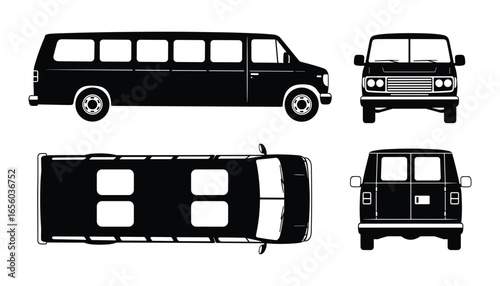 Vector Illustration: Black Passenger Van Design Templates - Side, Front, and Top View