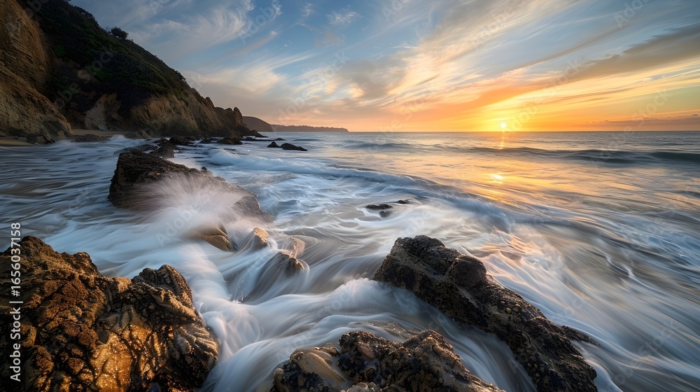 Obraz premium Sunset Over Rugged Cliffside Beach with Crashing Waves
