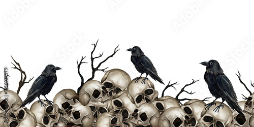 Pile of skulls, dry branches, black raven seamless border. Watercolor illustration isolated from background. For Halloween decoration, Gothic style for textile, packaging on Day of the Dead design