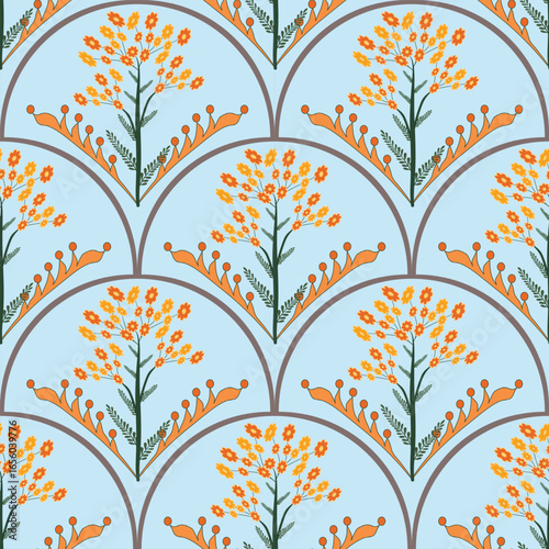 seamless  floral pattern yellow tones with green leaves on light blue background and echo the curves, forming a clean, symmetrical, seamless repeat.