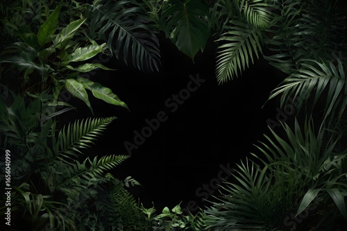 Dark Green Jungle Leaves Frame Dense Tropical Foliage with Shadows and Depth