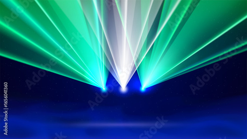 Laser flag of nigeria. Laser show on dark blue background. Nigerian national patriotic flag. Multicolor template of banner, poster for national holiday of nigeria. Place for text. Copy space. Vector