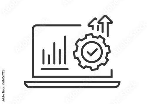 Project kpi productivity operation boost online icon on laptop computer screen line stroke outline vector graphic, web product tasks business processes automation to growth sales profit image 
