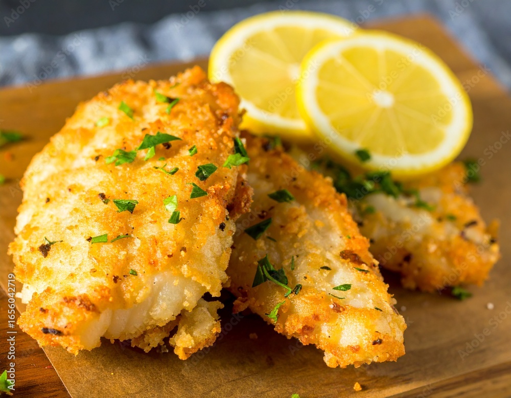 Crispy golden breaded fish fillets seasoned with fresh parsley and lemon slices served on a wooden board Crispy golden breaded fish fillets seasoned with fresh parsley and lemon slices served on a wooden board