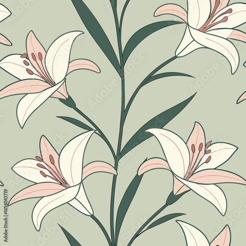 Seamless pattern of stylized white and pink lilies with green stems lily flower