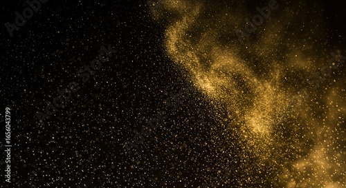 A dark background with numerous golden particles, denser on the right, gradually thinning towards the left.