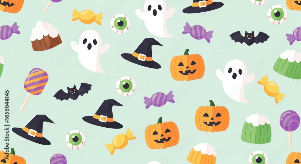 Obraz premium Playful Halloween Medley of Ghosts, Pumpkins, and Candy on Mint