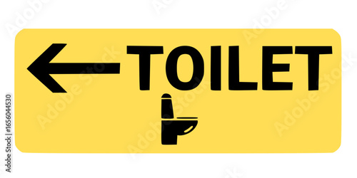 Yellow rectangular sign with black text indicating TOILET with a left arrow and toilet icon.