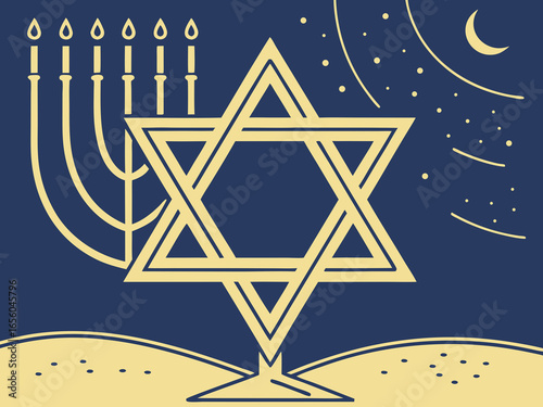 large golden Star of David, Happy Hanukkah of Jewish holiday Hanukkah, Holiday, celebrate a holiday. clean vector lines