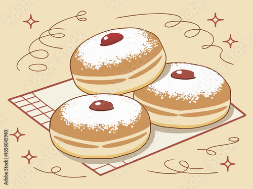 delicious jelly-filled sufganiyah with powdered sugar on top, Happy Hanukkah of Jewish holiday Hanukkah, Holiday, celebrate a holiday.