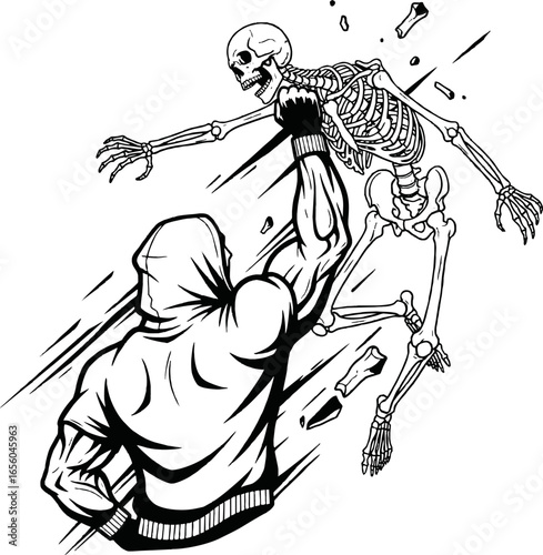 A powerful, muscular figure in a hoodie shatters a skeleton with a devastating uppercut in a dynamic black and white illustration.