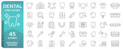 Dental Line Icons Set With 45 Editable Stroke Designs. Thin Line Collection Includes Teeth, Braces, Implants, Dental Tools, Oral Hygiene, And Dentist Symbols. Isolated Vector Image.