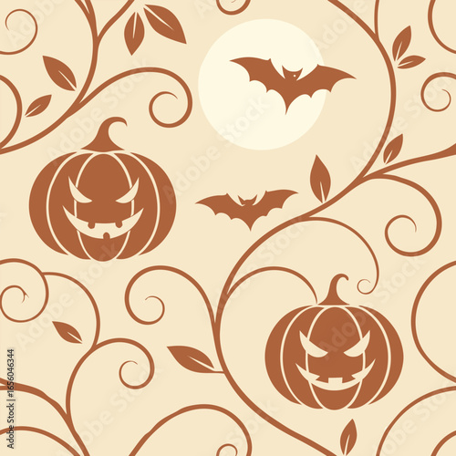 Spooky Halloween pattern with jack o lanterns and bats on beige background pumpkin