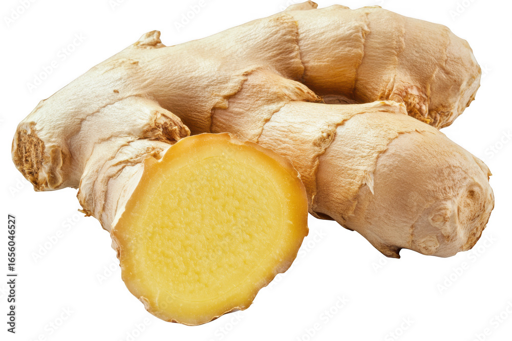 Fototapeta premium Fresh ginger root rhizome slice cutout culinary ingredient cooking spice flavoring herb medicine isolated on transparent background